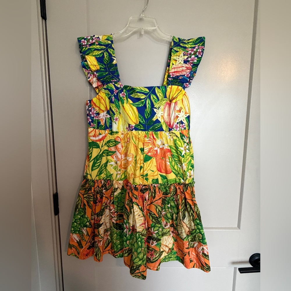 FARM Rio Tropical Floral Ruffled Sundress in Yellow, Green, Blue, Orange